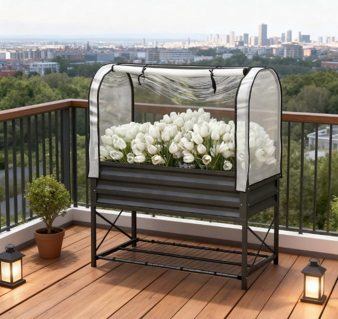 Elevated Planter Box, Metal Raised Garden Bed with Legs and Cover, with Bottom Shelf and Liner for Vegetables