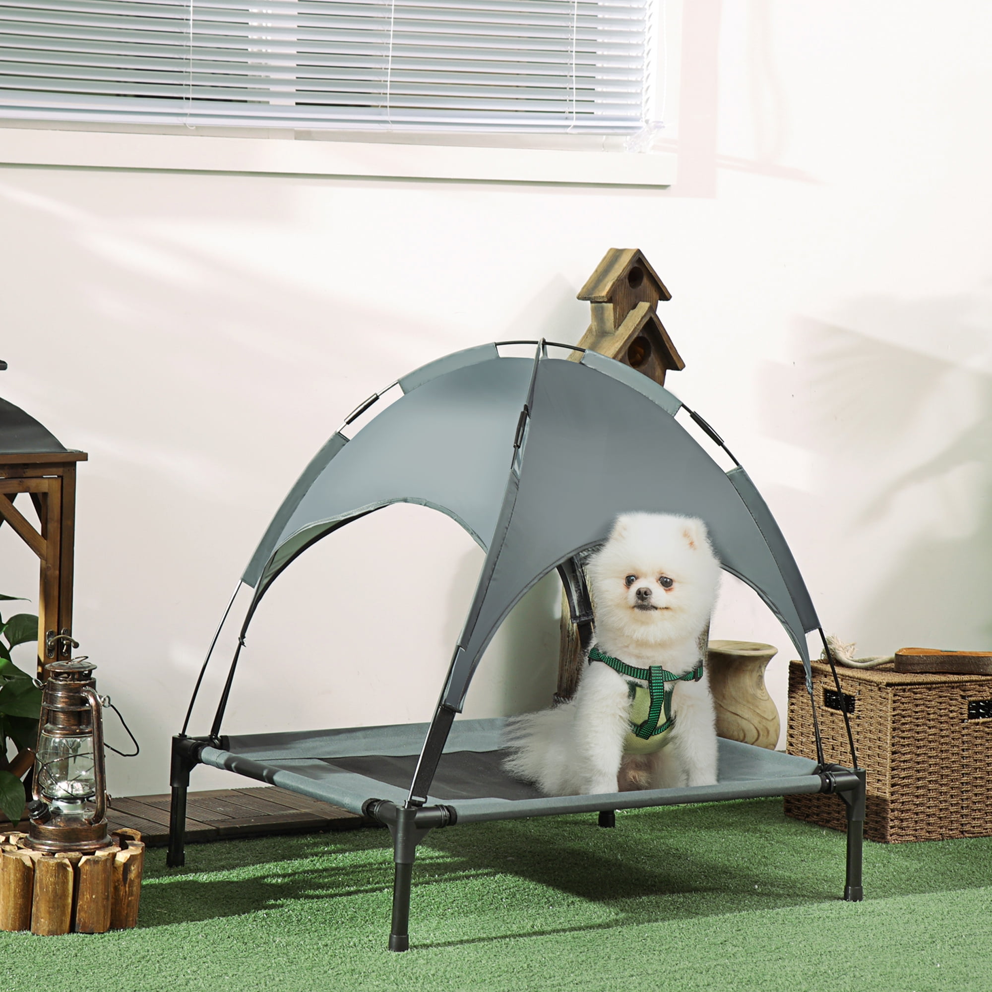 Elevated Portable Dog Cot Pet Bed With UV Protection Canopy Shade, 30 inch