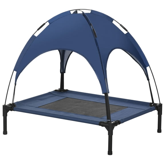 Elevated Portable Dog Cot with Canopy, Breathable Mesh Pet Bed for Medium Dogs Up to 44 lbs, Black/Dark Blue, Outdoor Dog Bed with Travel Bag