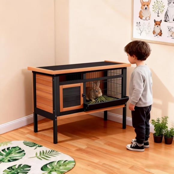 Elevated Rabbit Hutch with Pull-Out Tray,Wire Mesh Guinea Pig Cage with Waterproof Roof,Orange