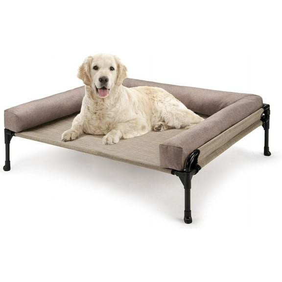 Elevated Raised Dog Bed-Cooling Outdoor Dog Cot Bed for Large Sized Dogs Three-Sided Fence Raised Pet Cot with Mesh &No-Slip Feet Dog Hammock Bed with Removable Bolster-35 x 22" Beige Coffee