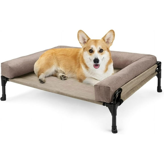 Elevated Raised Dog Bed-Cooling Outdoor Dog Cot Bed for Medium Sized Dogs Three-Sided Fence Raised Pet Cot with Mesh &No-Slip Feet Dog Hammock Bed with Removable Bolster-29 x 18" Beige Coffee