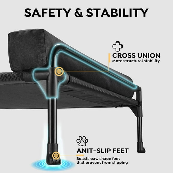 Elevated Raised Dog Bed - Cooling Outdoor Dog Cot for Large Dogs with Three-Sided Fence, Mesh & No-Slip Feet, 41 x 27" Black