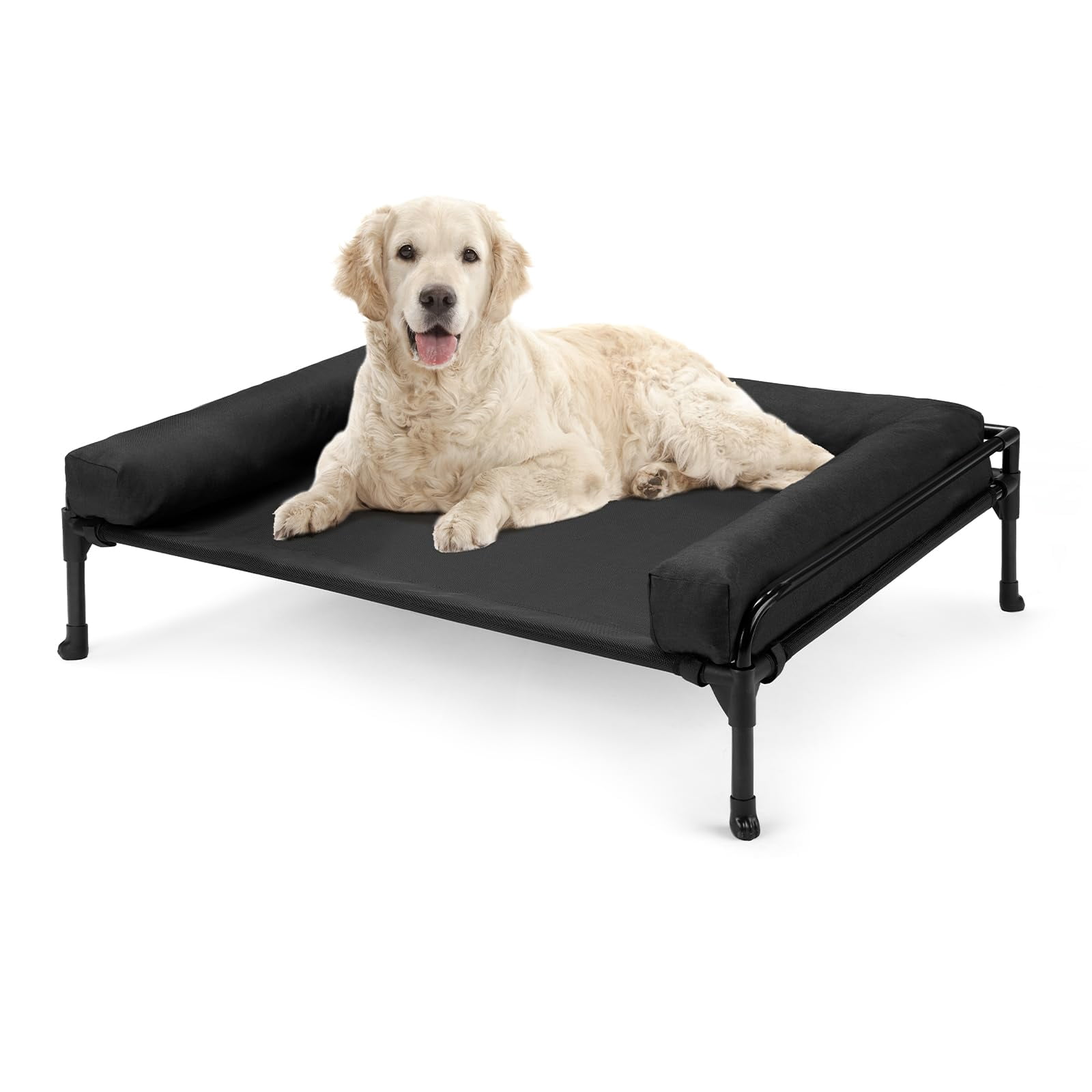 Elevated Raised Dog Bed-cooling Outdoor Bed For Large Sized Dogs Three-sided Fence Pet With Mesh & No-slip Feet Hammock Removable Bolster-35 X 22" Black