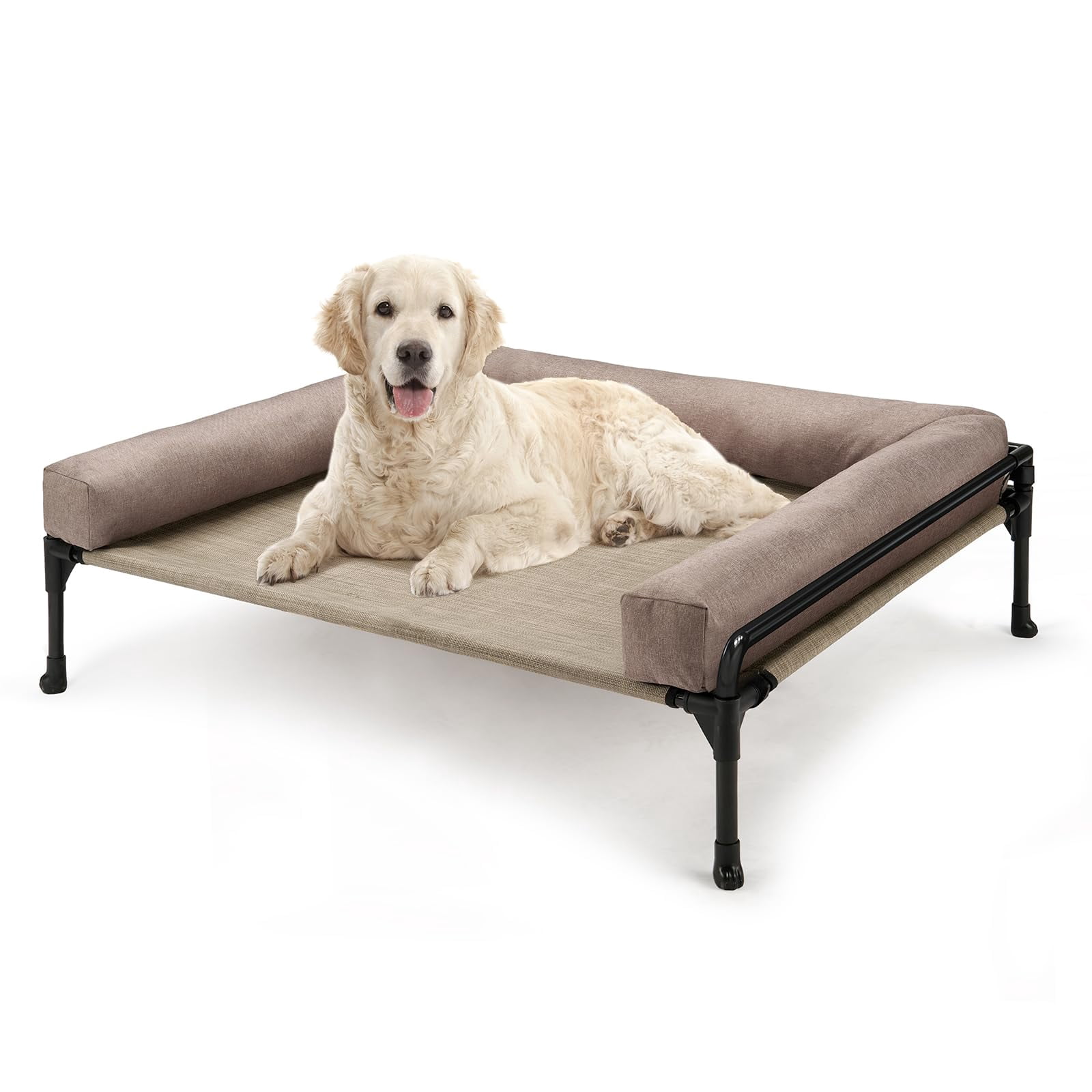 Elevated Raised Dog Bed-cooling Outdoor Bed For Large Sized Dogs Three-sided Fence Pet With Mesh &no-slip Feet Hammock Removable Bolster-35 X 22" Beige Coffee