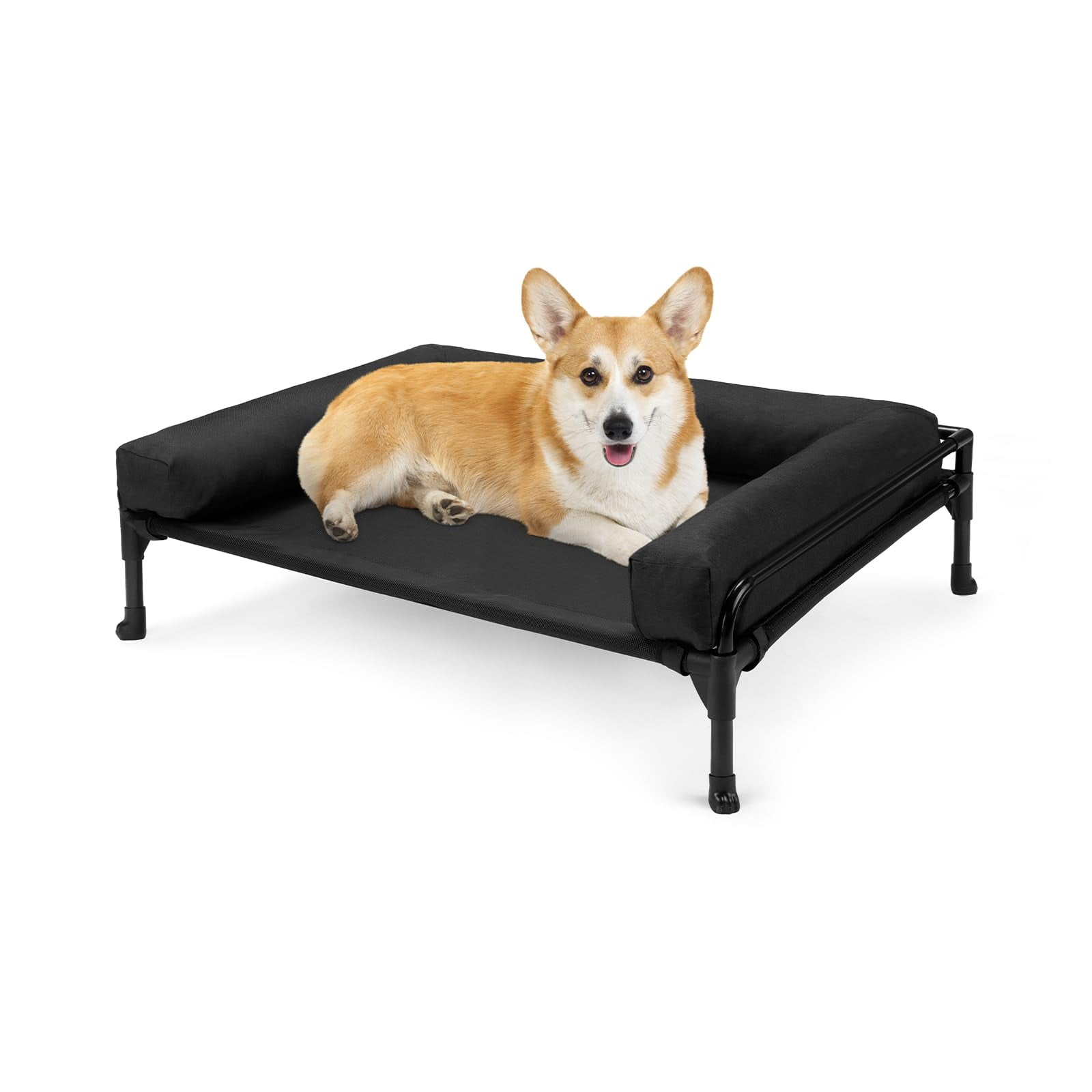 Elevated Raised Dog Bed-cooling Outdoor Bed For Medium Sized Dogs Three-sided Fence Pet With Mesh & No-slip Feet Hammock Removable Bolster-29 X 18" Black