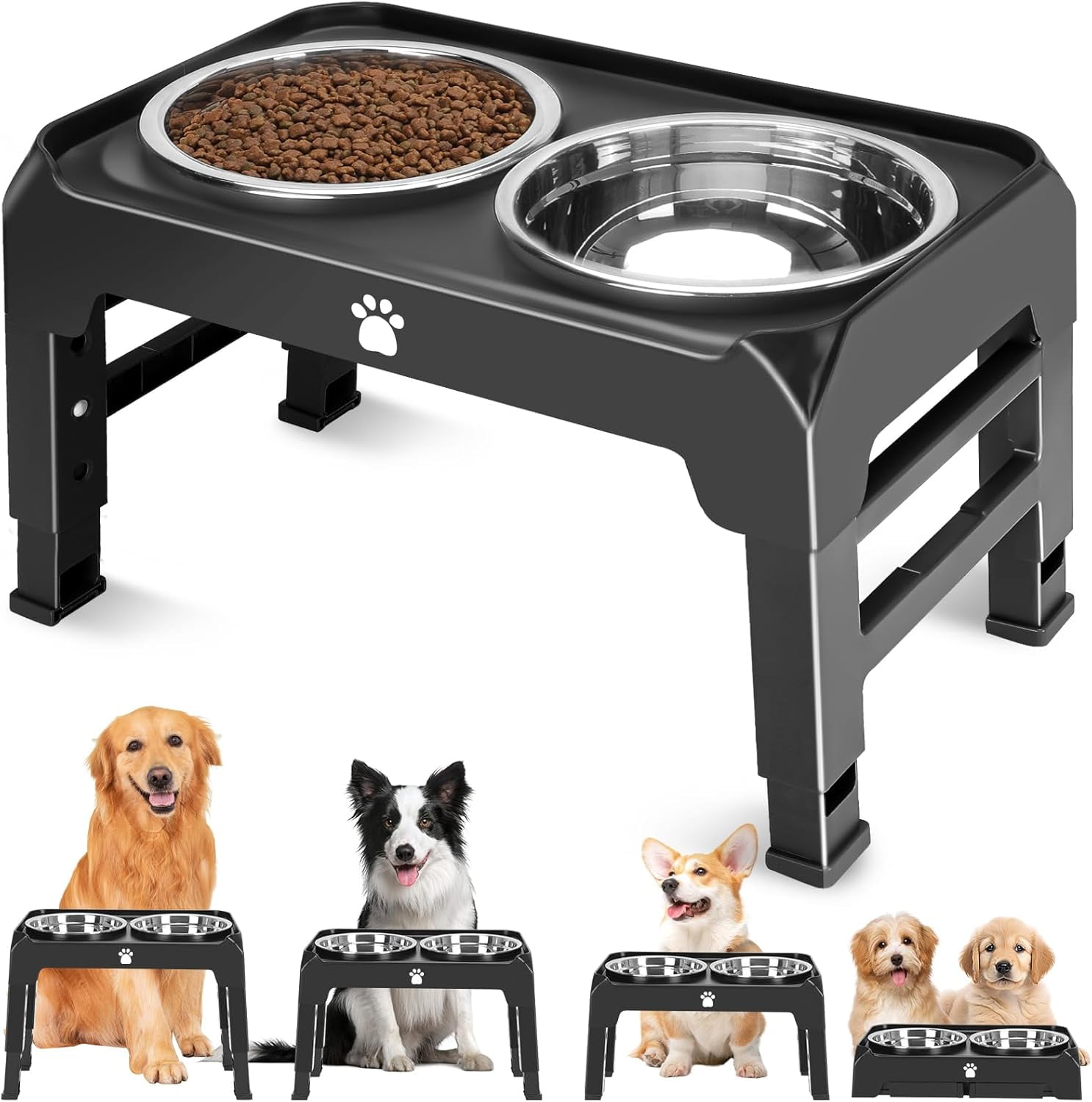 Elevated Raised Dog Bowl Stand with 2 Stainless Steel Bowls, Adjustable Height for Medium Large Dogs, 12.36" - 3.7" Foldable Feeder, Grey