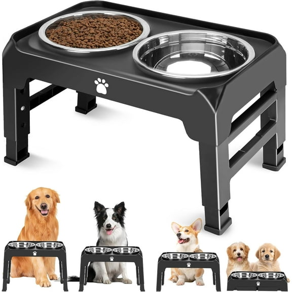 Elevated Raised Dog Bowl Stand with 2 Stainless Steel Bowls, Adjustable Height for Medium Large Dogs, 12.36" - 3.7" Foldable Feeder, Grey