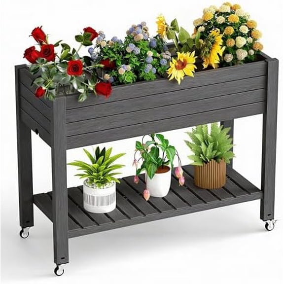 Elevated Raised Garden Bed with Legs, 33.66" Tall Self-Watering Resin Outdoor Planter Box with Storage Shelf, Drain Plug Water & Monitor for Plants Vegetables Flowers Fruits (Black)$$Garden & Patio