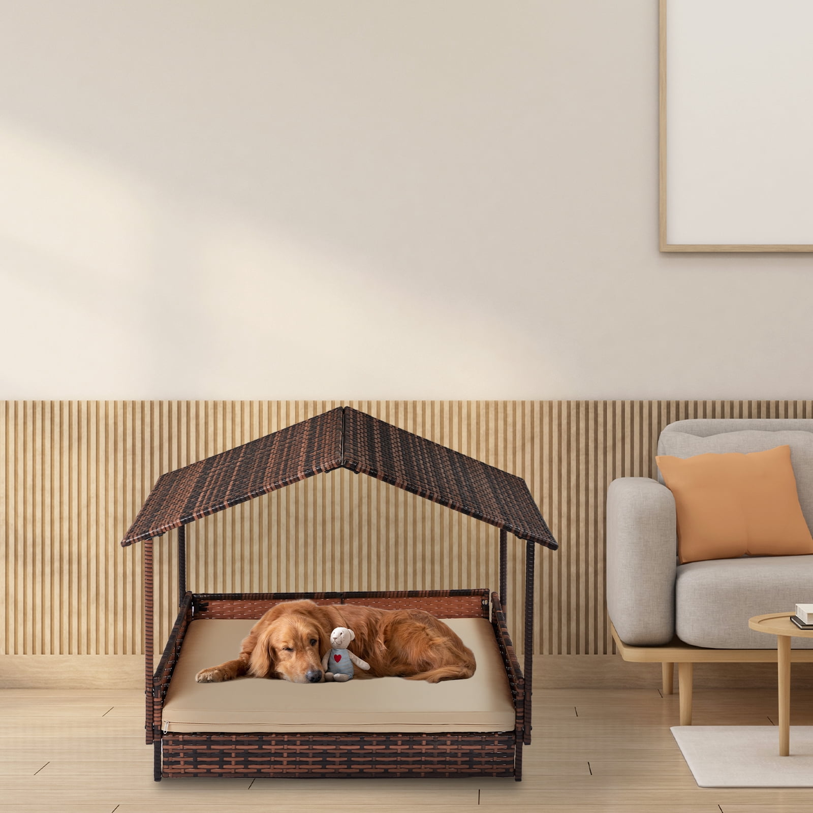 Elevated Rattan Pet House - Wicker Dog Bed with Canopy & Removable ...