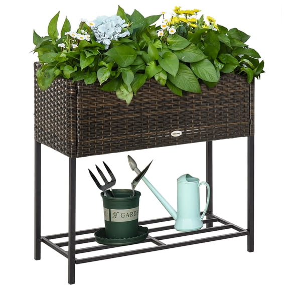 Elevated Rattan Planter Box with Storage Shelf, Raised Garden Bed for Herbs Vegetables Flowers, 27.5x11.75x27.5 Inches Brown