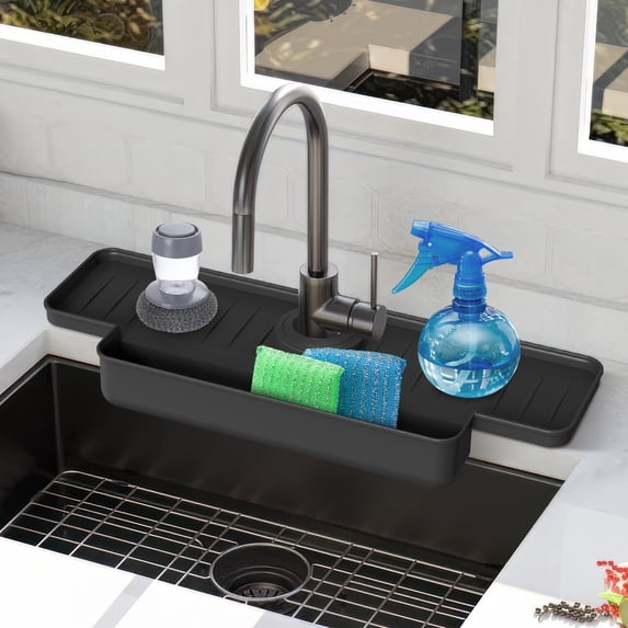 Elevated Slope Faucet Drip Catcher Mat, Non-Slip Kitchen Sink Mat, Counter Drying Mat for Water Splash Proof, Drain Storage Mat Kitchen Sink Accessory Gadget, Black, 15.75*5.51in