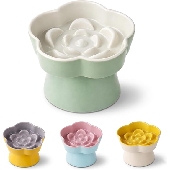 Elevated Slow Feeder Cat Bowl, Raised and Gently Tilted Feeding Dish with Maze Design, Whisker-Friendly, Easy to Clean, for Indoor Cats and Small Dogs (Green/Ivory)