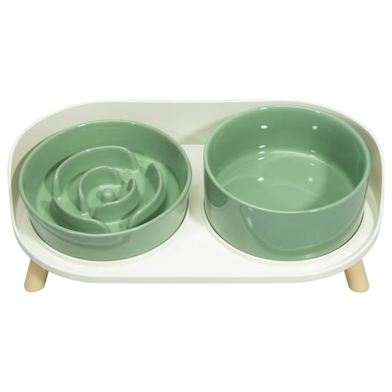 Elevated Slow Feeder Dog Bowls - Ceramic Food and Water Bowl Set with Stand - Raised Pet Dishes for Small and Medium Sized Dogs C97