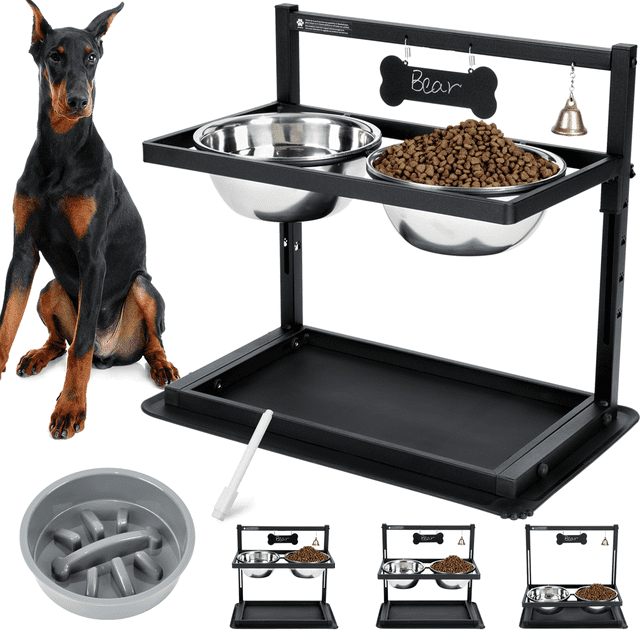Elevated Slow Feeder Dog Bowls, Height Adjustable with 2 Stainless