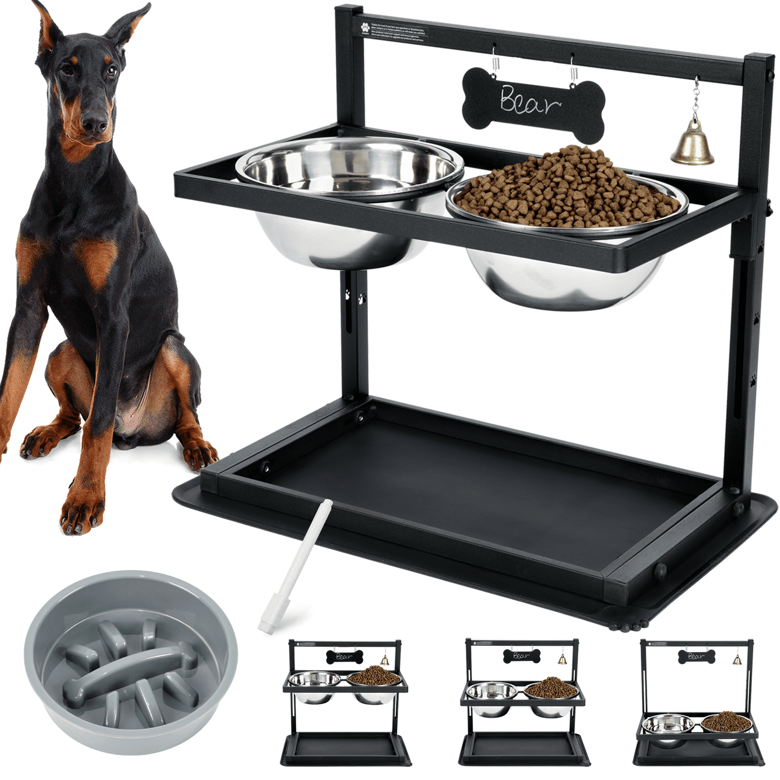 SHAINFUN Elevated Slow Feeder Dog Bowls, 6-Level Height Adjustable, Includes 2 Stainless Steel 1.7L Bowls, Raised Stand for Medium to Giant Breeds
