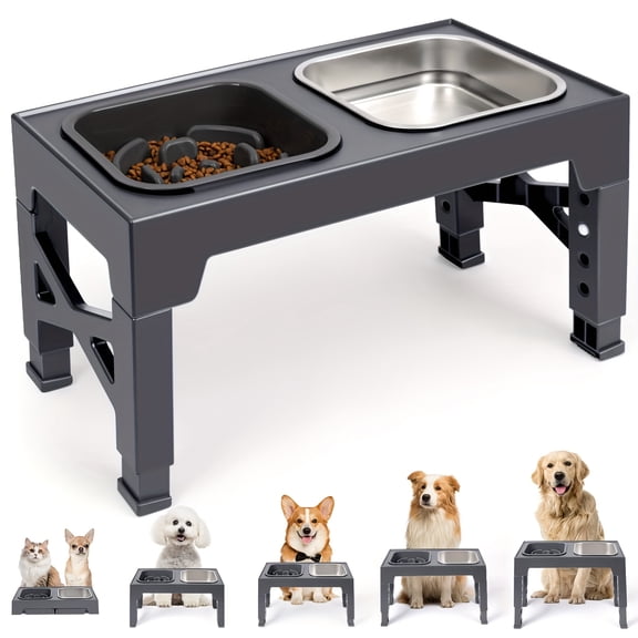 Elevated Slow Feeder Dog Bowls, Non-Slip Stainless Steel & Plastic, Food/Water, Collapsible Stand for Small/Medium/Large Pets