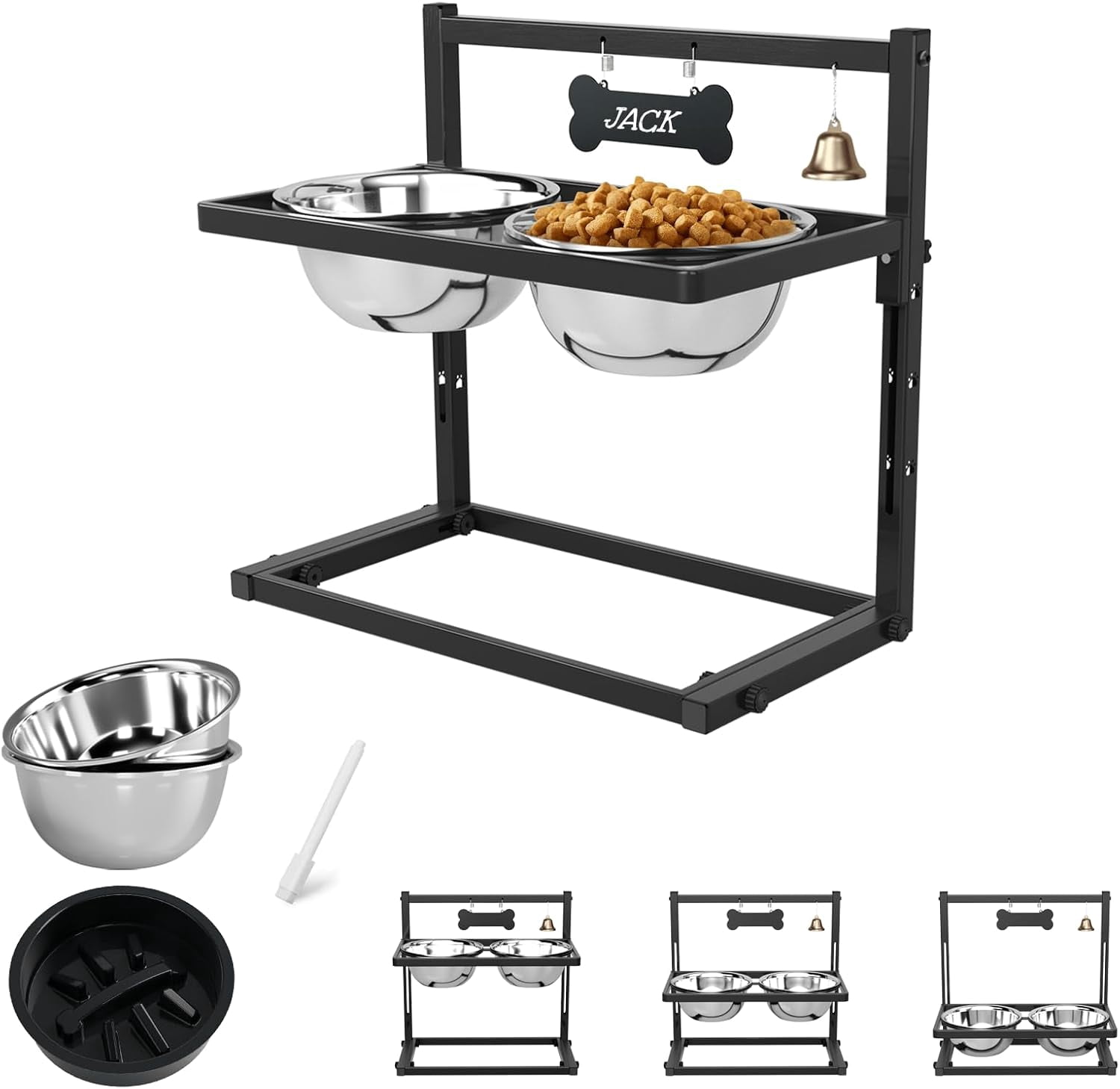 Elevated Slow Feeder Dog Bowls with Mat, Adjustable Height, Tall Raised Dog Food Water Bowl Stand for Large & Medium Dogs