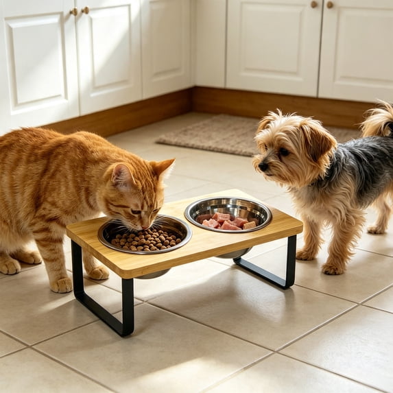 Elevated Stainless Steel Double Pet Bowls with Wooden Stand 15 Degree Tilted Neck Protection Raised Dog Cat Feeder, 13x5.9x4.9 in, Khaki