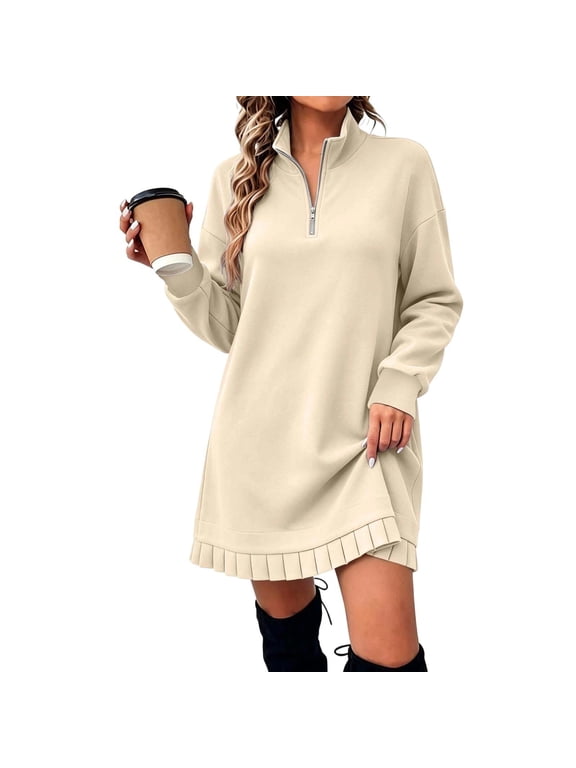 Elevated Sweatshirt Dress,Women Quarter Zip Long Sleeve Tunic Dress Casual