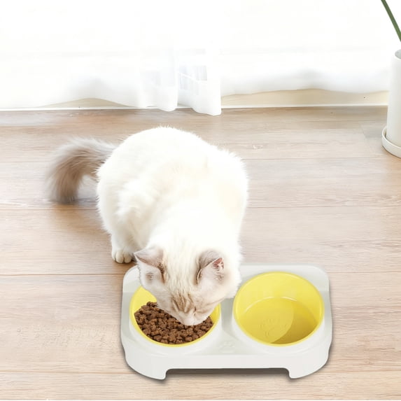 Elevated Tilted Double Dog Bowls, Cat Bowls, Whisker-Friendly Non-Slip Anti-Tipping Raised Food & Water Pet Feeder for Cats & Small Dogs, Yellow