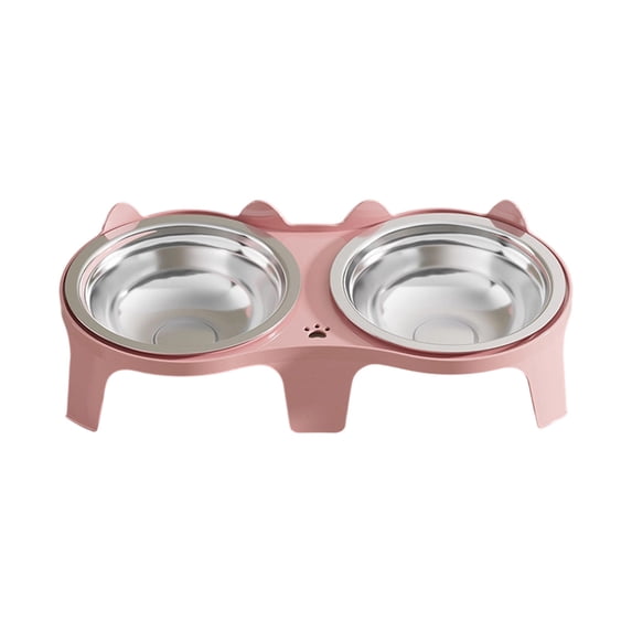 Elevated Tilted Double Pet Food Water Bowls Pink Iron Metal 11.02×5.51×3.15 Inch Neck Protection Non-Slip Anti-Spill Feeding Tray for Cats Dogs Daily Indoor Feeding