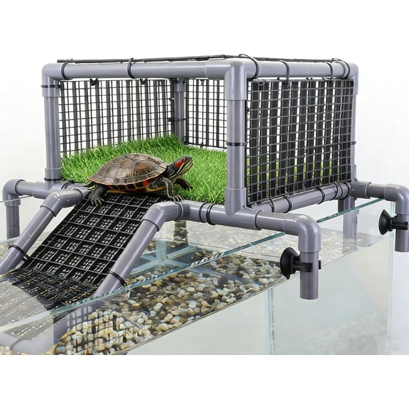 Elevated Turtle Basking Platform Above Tank, Turtle Topper Dock with Non-Slip Ramp and Grass, Extra Large Loft for 18-20 Wide 75/90/125 Gal (Grey/Black)