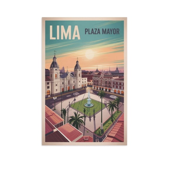 Elevated View Wall Art Plaza Mayor Peru Retro Travel Poster Lima Historic Colonial Square Print Poster