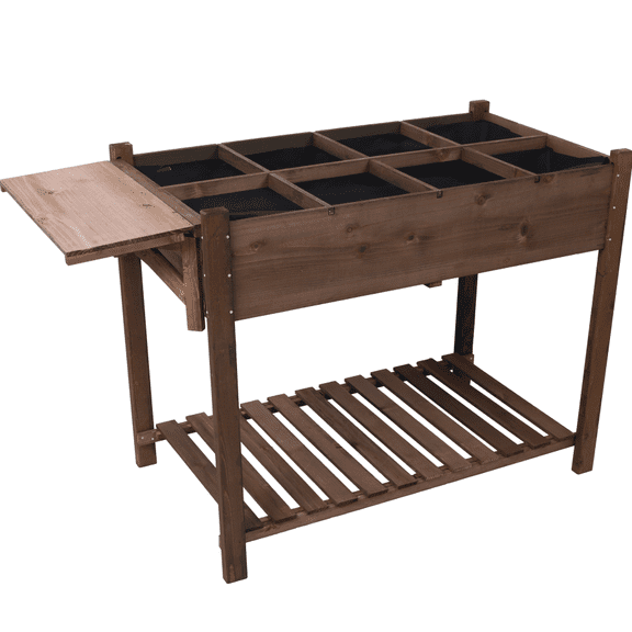 Elevated Wood Garden Bed with Foldable Table & Storage Shelf for Herbs