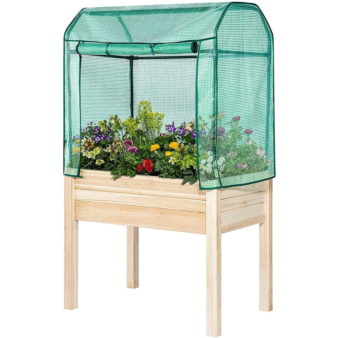 Large Tan Wood Elevated Planter Box with Greenhouse Cover