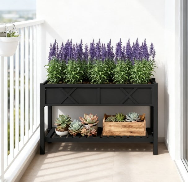 Elevated Wood Planter Box, Raised Garden Bed with Storage Shelf, Drainage Holes and Liner