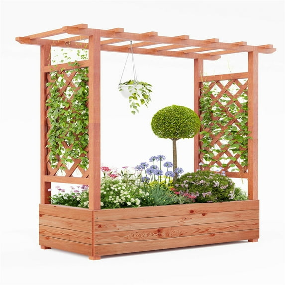 Elevated Wooden Planter with Arch Trellis & Roof - Above-Ground Garden Bed for Climbing Vines & Flowers | Features Side Trellis & 4 Drainage Holes | Perfect for Outdoor Plants On Patio or Deck