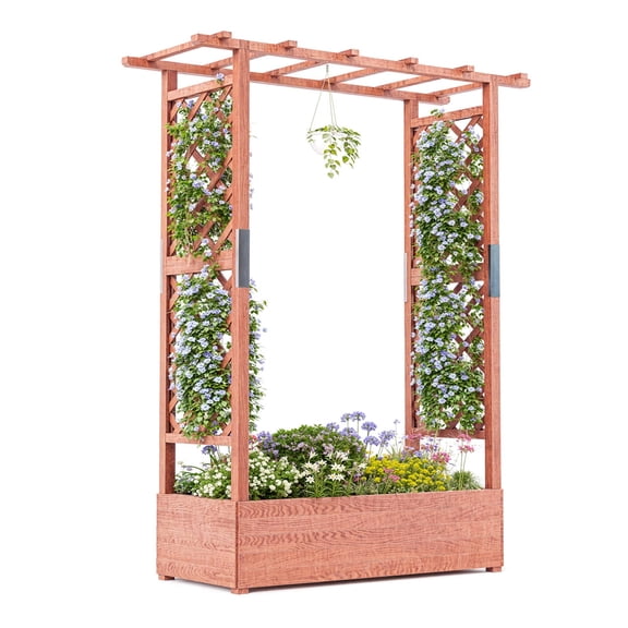 Elevated Wooden Planter with Arch Trellis & Roof - Above-Ground Garden Bed for Climbing Vines & Flowers | Features Side Trellis & 4 Drainage Holes | Perfect for Outdoor Plants On Patio or Deck