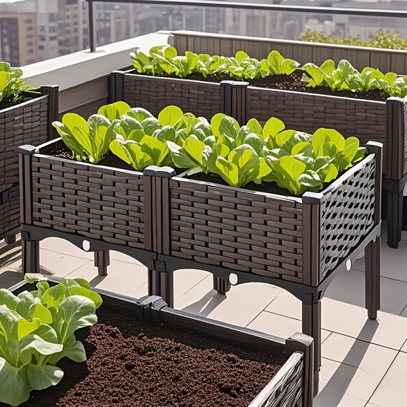 Elevated Woven Black Plastic Garden Bed - Outdoor Flower Vegetable Herb Planter Box