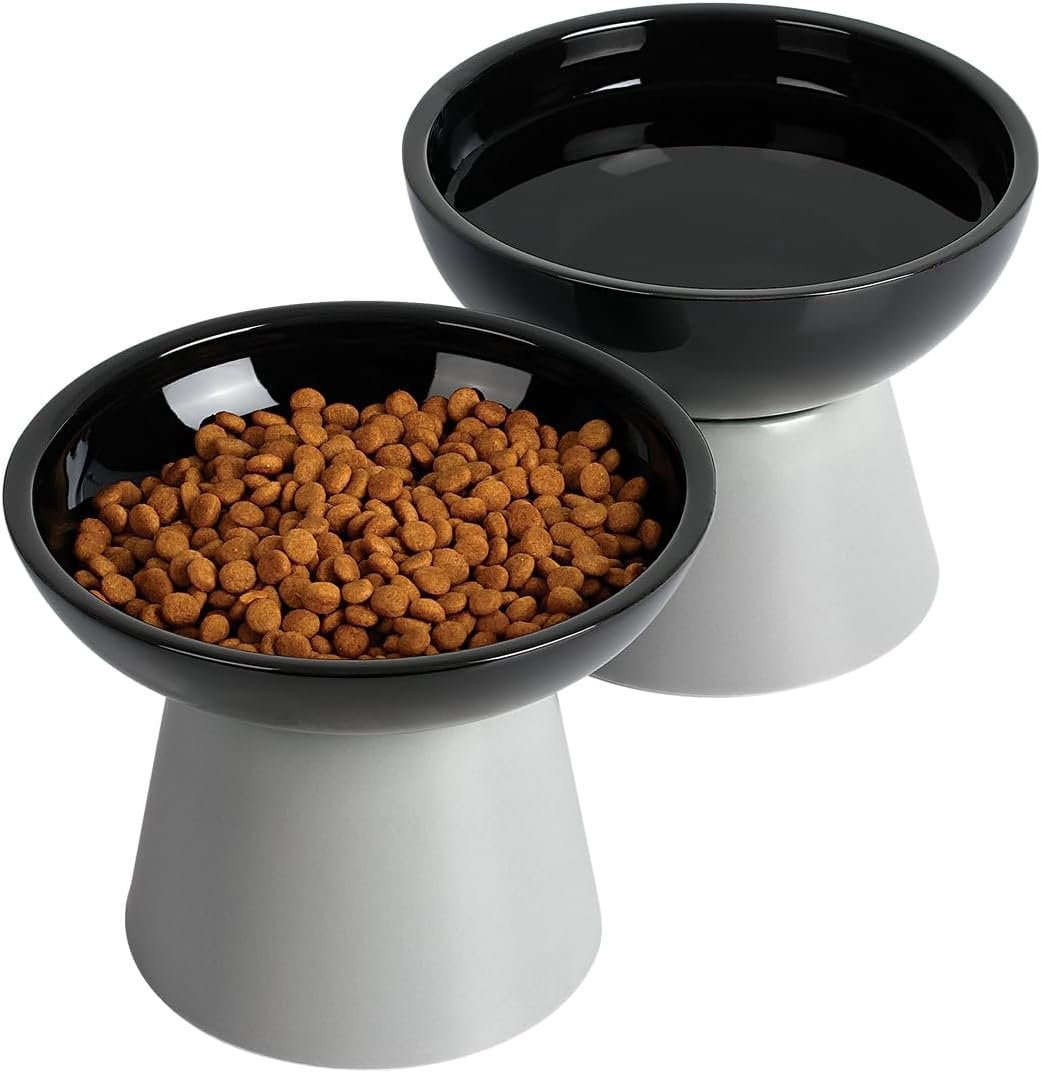 Elevated   and Water Bowls Set, Extra Wide and Raised Ceramic Feeder, Anti-Vomit -Free  Feeding Bowl for Kittens Adult Small Dogs(Black, 2 Pack)