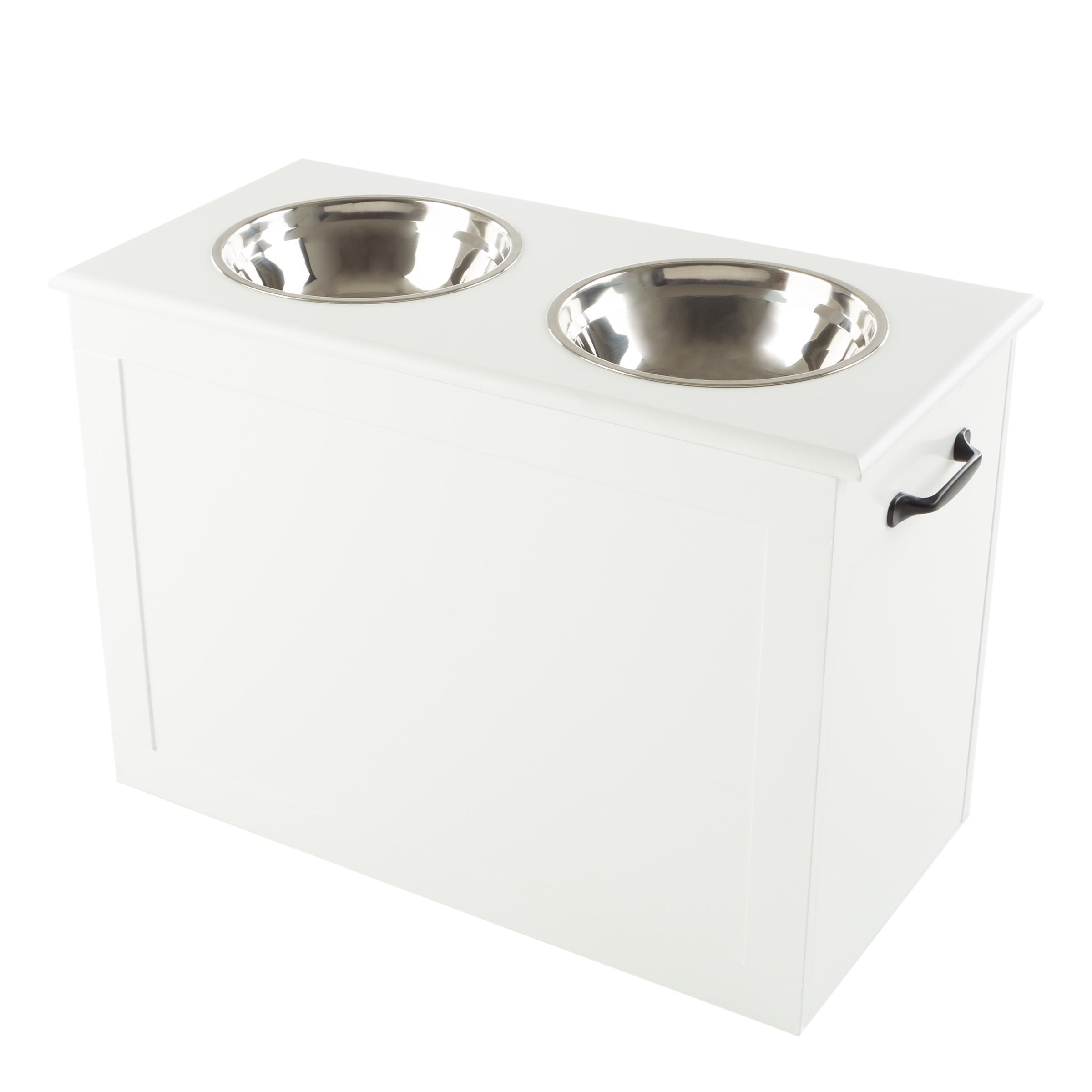 White Elevated Dog Bowls with Hidden Storage and Stainless Steel