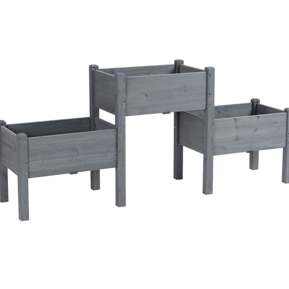 Elevated gray wooden garden bed / Sort plants in mini trough boxes