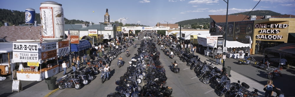Elevated panoramic view of Main Street with motorcycles lining road at the 67th Annual Sturgis Motorcycle Rally Sturgis South Dakota August 6-12 2007 Canvas Art - Panoramic Images (36 x 12)