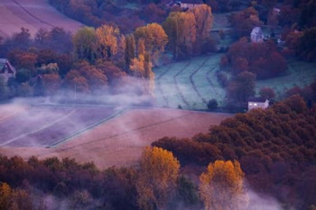 Elevated view of the Dordogne River Valley in fog from the Belvedere de la Barre at dawn Domme Dordogne Aquitaine France Canvas Art - Panoramic Images (36 x 24)