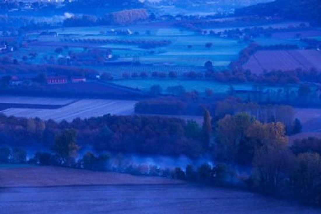 Elevated view of the Dordogne River Valley in fog from the Belvedere de la Barre at dawn Domme Dordogne Aquitaine France Canvas Art - Panoramic Images (36 x 24)