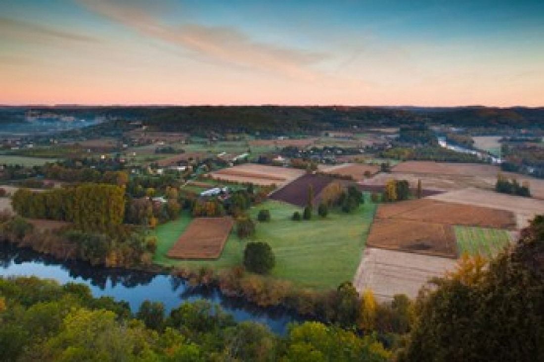 Elevated view of the Dordogne River Valley in fog from the Belvedere de la Barre at dawn Domme Dordogne Aquitaine France Canvas Art - Panoramic Images (36 x 24)