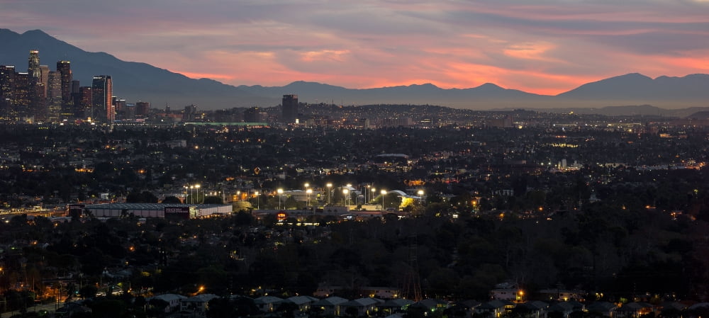 Elevated view of Downtown Los Angeles with San Gabriel Mountains and San Bernardino Mountains in the background Los Angeles County California USA Canvas Art - Panoramic Images (16 x 36)