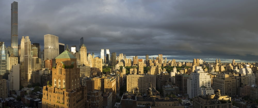 Elevated view of Midtown Manhattan skylines taken from apartment at 64th and 3rd avenue at early morning sunrise Manhattan New York City New York State USA Canvas Art - Panoramic Images (36 x 12)