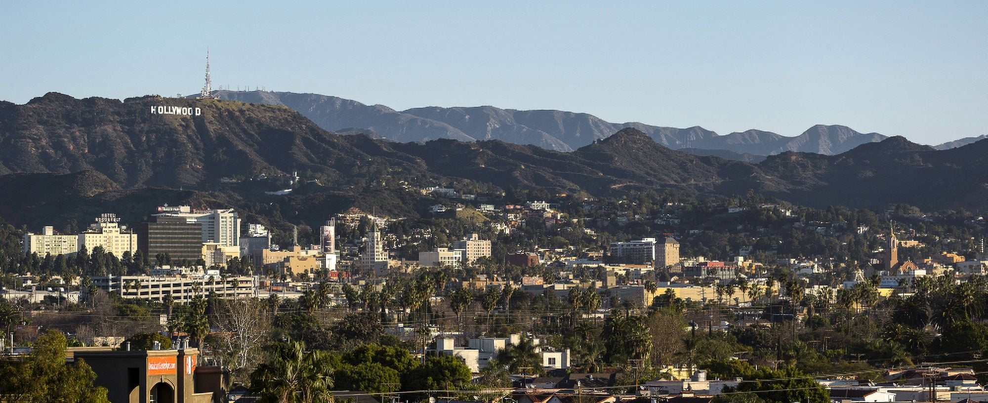 Elevated view of a city with mountain range in the background Hollywood City Of Los Angeles San Gabriel Mountains Los Angeles County California USA Canvas Art - Panoramic Images (36 x 12)