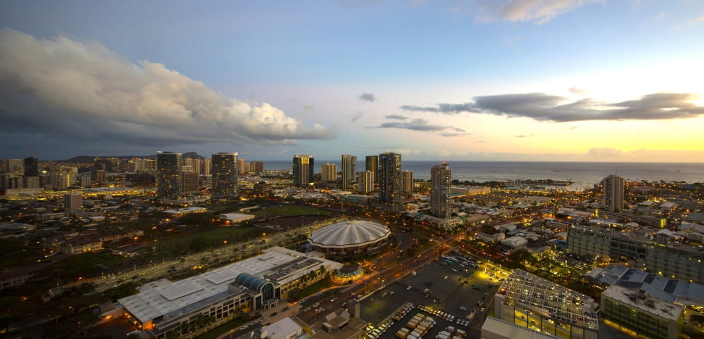 Elevated view of Downtown Honolulu at night Oahu Hawaii USA Canvas Art - Panoramic Images (27 x 9)