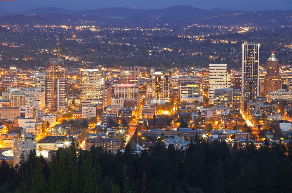 Elevated view of Downtown Portland lit up at night Multnomah County Oregon USA Canvas Art - Panoramic Images (12 x 36)