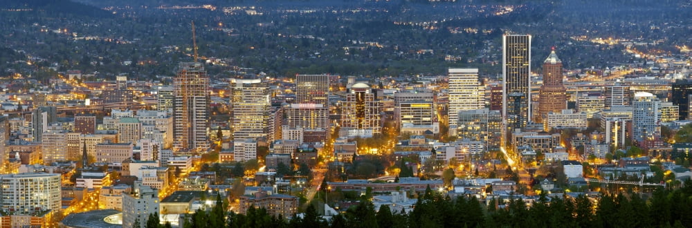 Elevated view of Downtown Portland lit up at night Multnomah County Oregon USA Canvas Art - Panoramic Images (27 x 9)