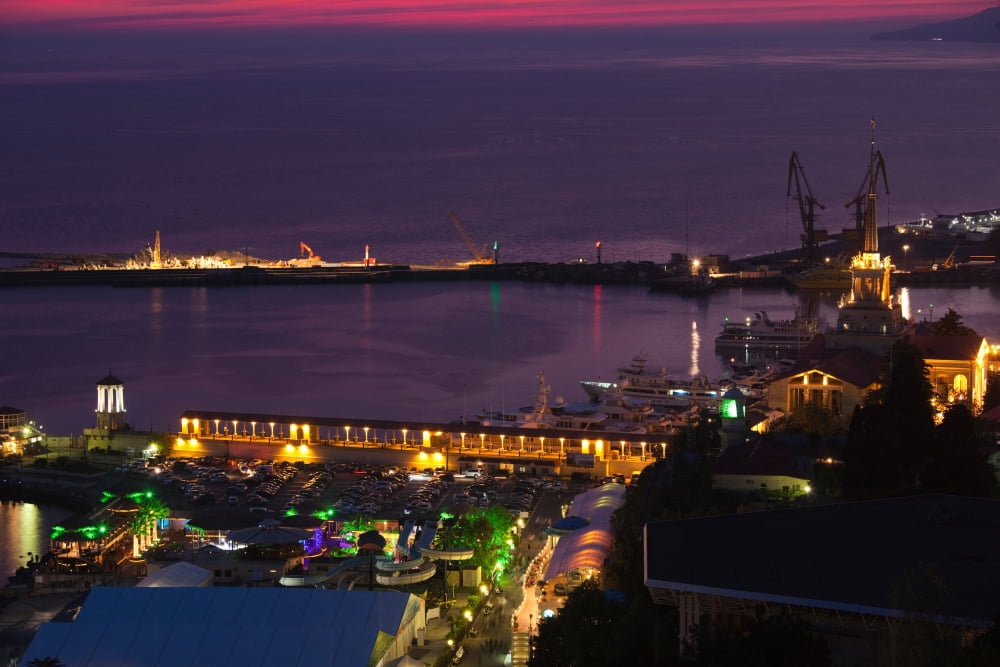 Elevated view of Sea Terminal at sunset Lighthouse Beach Sochi Black Sea Coast Krasnodar Krai Russia Canvas Art - Panoramic Images (27 x 9)