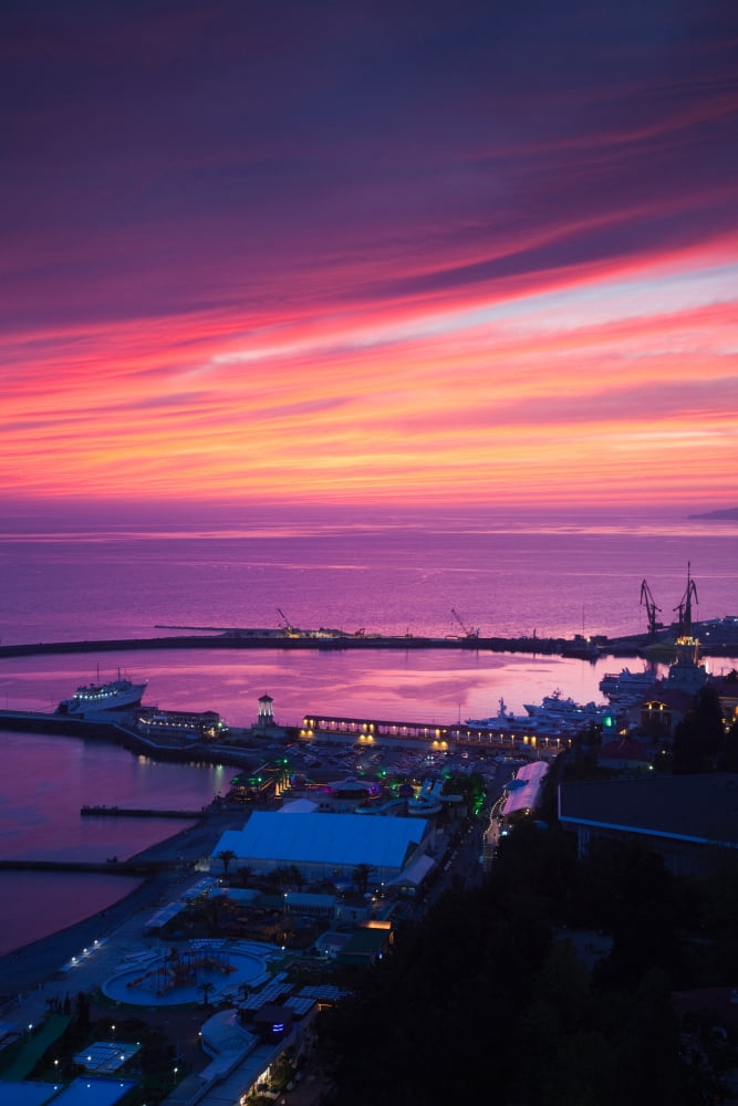 Elevated view of Sea Terminal at sunset Lighthouse Beach Sochi Black Sea Coast Krasnodar Krai Russia Canvas Art - Panoramic Images (27 x 9)