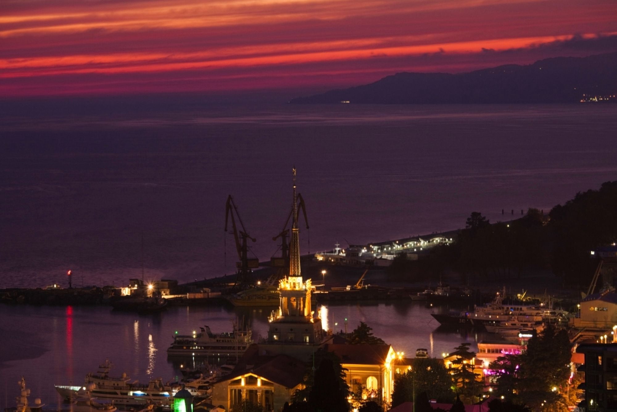 Elevated view of Sea Terminal at sunset Lighthouse Beach Sochi Black Sea Coast Krasnodar Krai Russia Canvas Art - Panoramic Images (36 x 12)